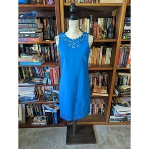 J. crew blue sheath dress Lazer cutouts at hem and neck scalloped sz 2 euc